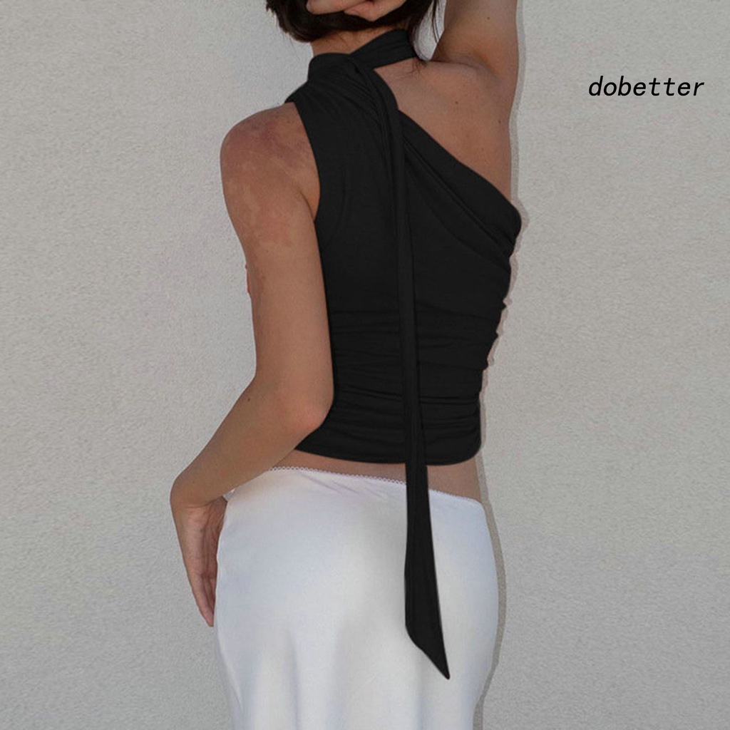 [DO] Áo Crop Top Không Tay Lệch Vai Ôm Dáng Màu Trơn Phối Ruy Băng Gợi Cảm Cho Nữ