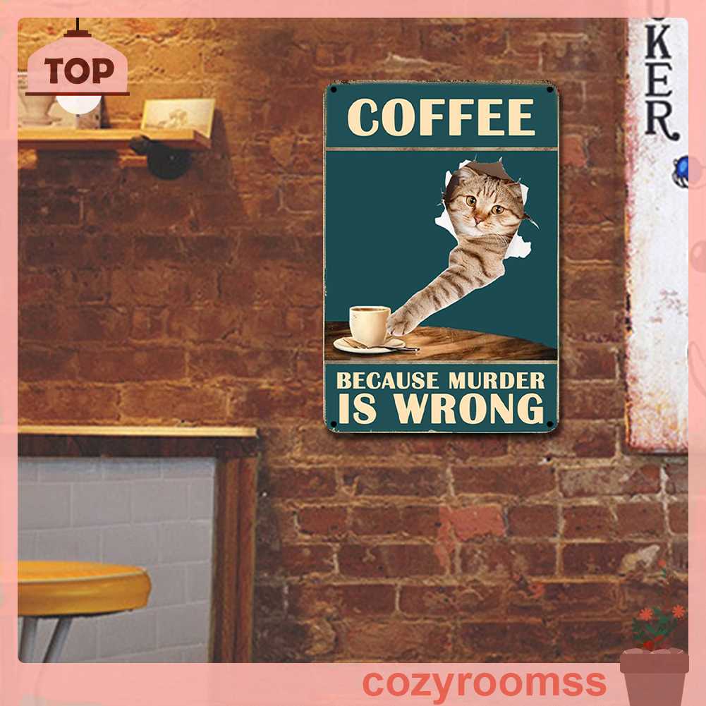 Bảng Kim Loại Hình Chữ Nhật Vẽ Hình Mèo Uống Cà Phê Trang Trí Tường Nhà Để Xe