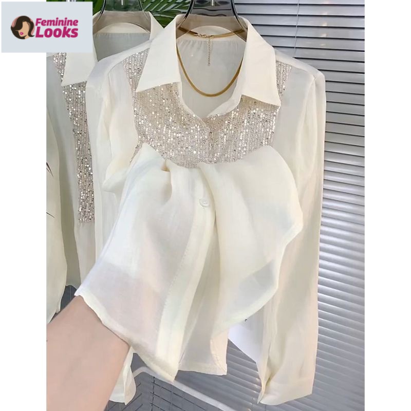 Áo Sơ Mi Tay Dài Dáng Rộng Đính Kim Sa Lấp Lánh Thời Trang Phong Cách Pháp