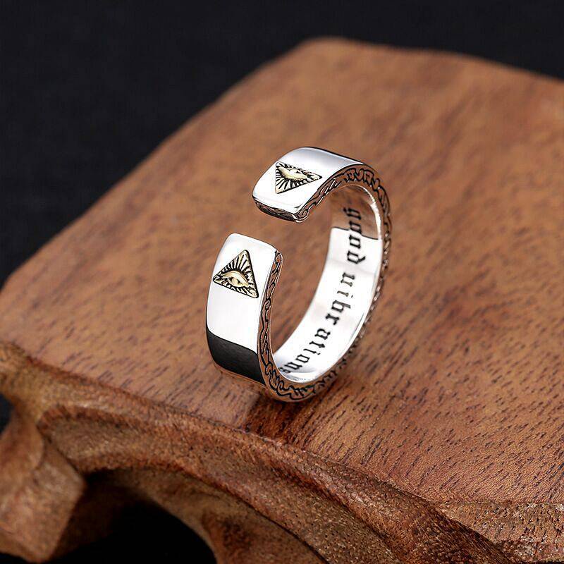 Sterling Silver Eye of God Open Ring Ring Personality Trendy Men and Women Retro Hip Hop Simple Opening Little Finger Ring Dark Style rqbd