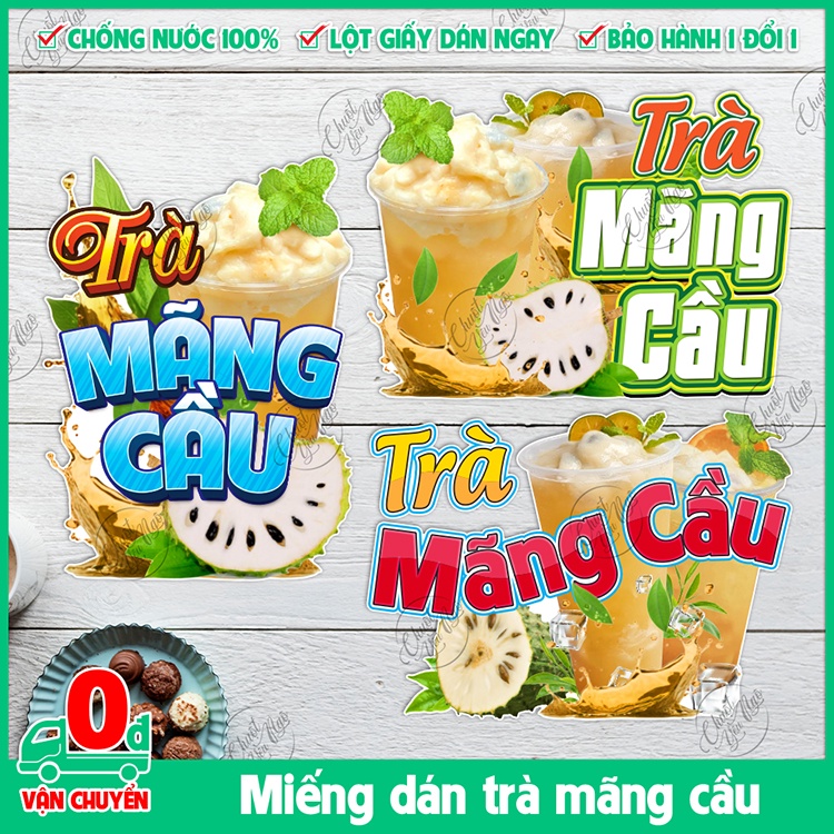 Hình dán trà mãng cầu trang trí cửa kính quán xe trà sữa chất liệu decal nhựa chống thấm nước