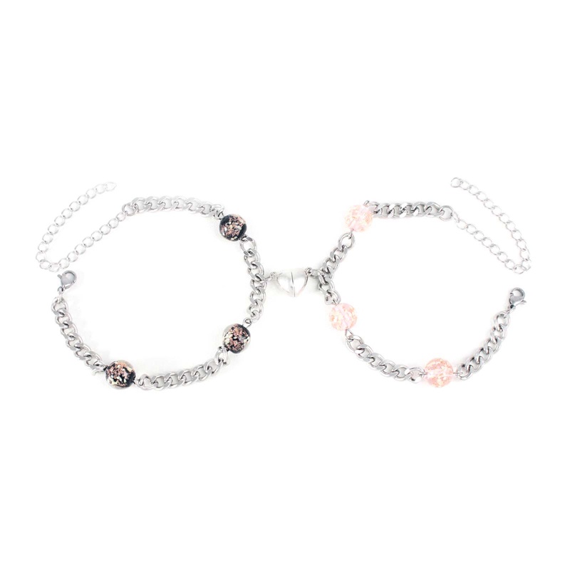 Set 2 Vòng Tay Chuỗi Hạt Bằng Thép Không Gỉ Mặt Hình Trái Tim Thời Trang Cho Cặp Đôi