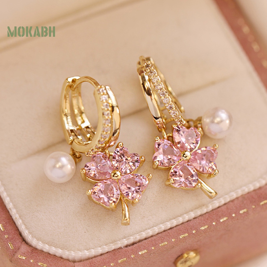 [Mokabh] 1 Đôi Bông Tai Hình Cỏ Bốn Lá Mạ Điện Bóng Cao Trang Trí Quyến Rũ Không Gây Dị Ứng