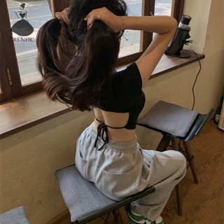 Áo Thun Croptop Tay Ngắn Cổ Tròn Màu Trơn Cột Dây Hở Lưng Quyến Rũ Thời Trang Mùa Hè Cho Nữ