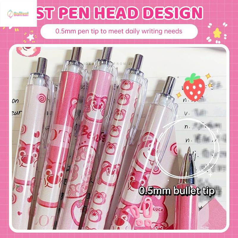 💜Bút Bi Mực Đen Ngòi 0.5mm Có Thể Thu Gọn Họa Tiết Gấu / Dâu Tây Hoạt Hình Dễ Thương