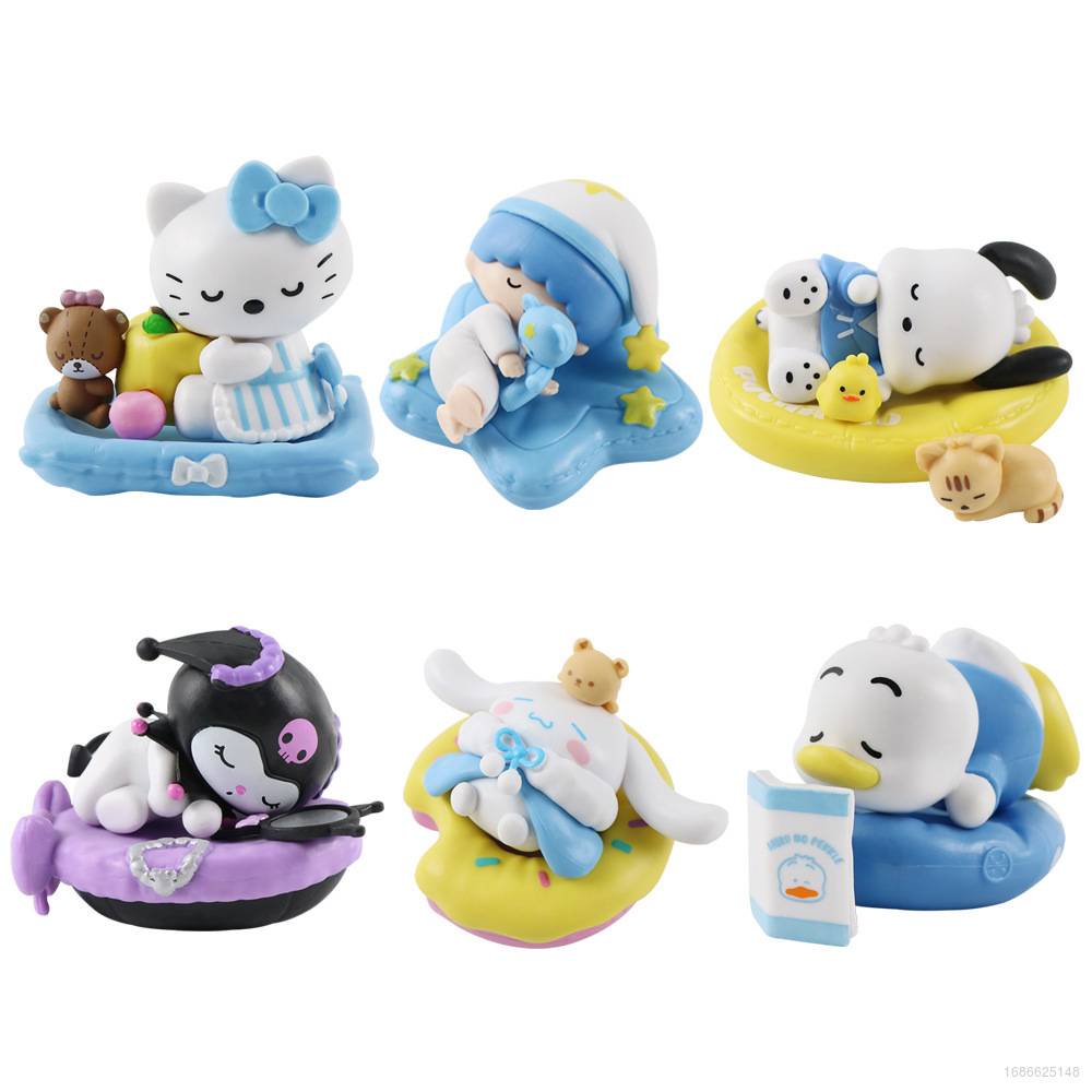 SANRIO Set 3 / 6 Mô Hình Búp Bê Nhân Vật Hoạt Hình Kuromi Kitty Cinnamoroll Pachacco Đang Ngủ Dễ Thương
