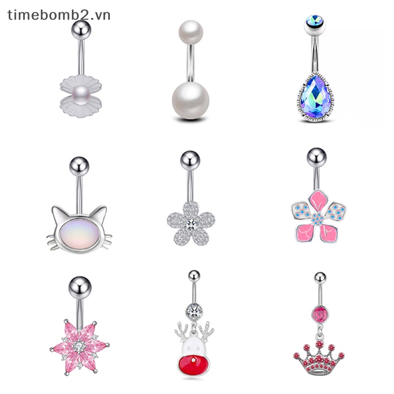 {Timebomb} Khuyên Rốn Bằng Thép Trang Trí Hoa Pha Lê Chất Lượng Cao Thời Trang Làm Quà Tặng Trang Sức.