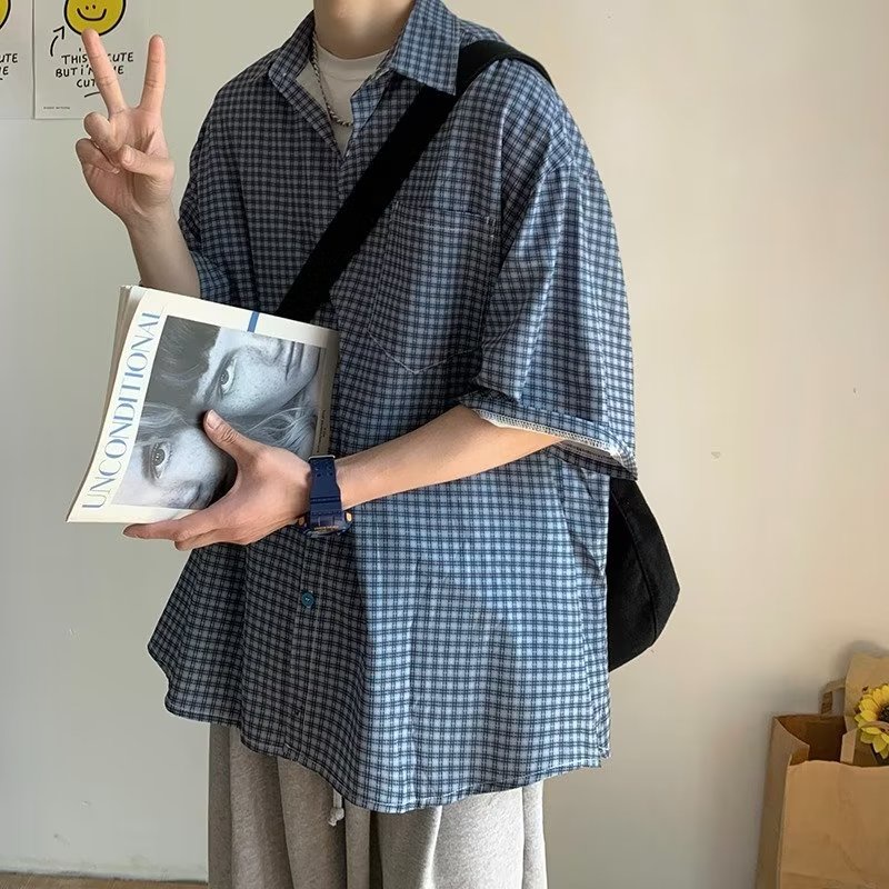 Áo Sơ Mi Tay Ngắn Họa Tiết Sọc Caro Phong Cách Nhật Bản Thời Trang Mùa Hè Cho Nam