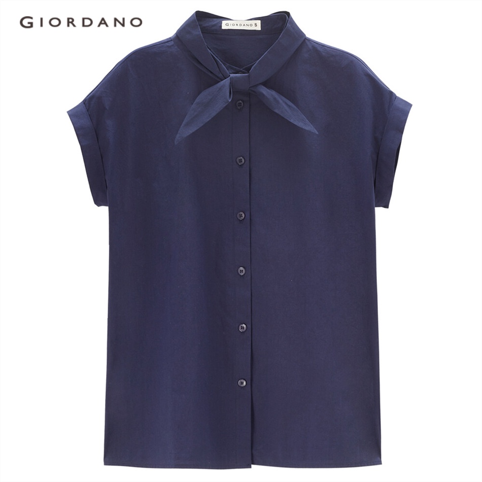 Áo nữ GIORDANO 18343908 tay ngắn cổ thắt nơ thời trang phong cách