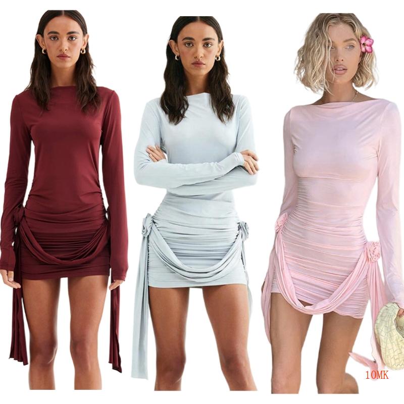 Xiangbao Đầm Ngắn Ôm Dáng Tay Dài Cổ Tròn Phối Bèo Màu Trơn Cho Nữ