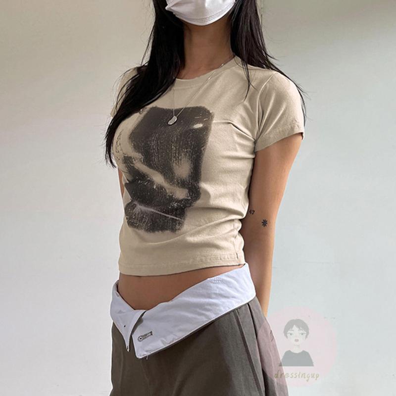 Áo Thun Nữ Ngắn Tay Cổ Tròn In Hình Trừu Tượng