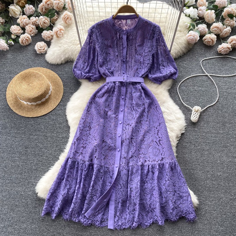 Đầm Midi Tay Ngắn Cổ Đứng Phối Ren Hoa Phong Cách Hoàng Gia Thanh Lịch Thời Trang Mùa Hè Cho Nữ