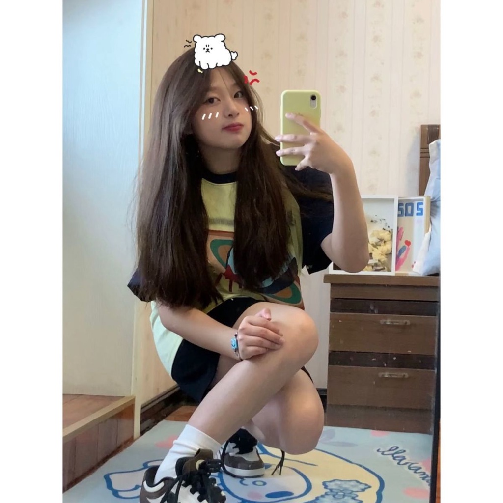 Áo Thun Raglan Tay Ngắn Dáng Rộng Màu Sắc Retro Dành Cho Nữ