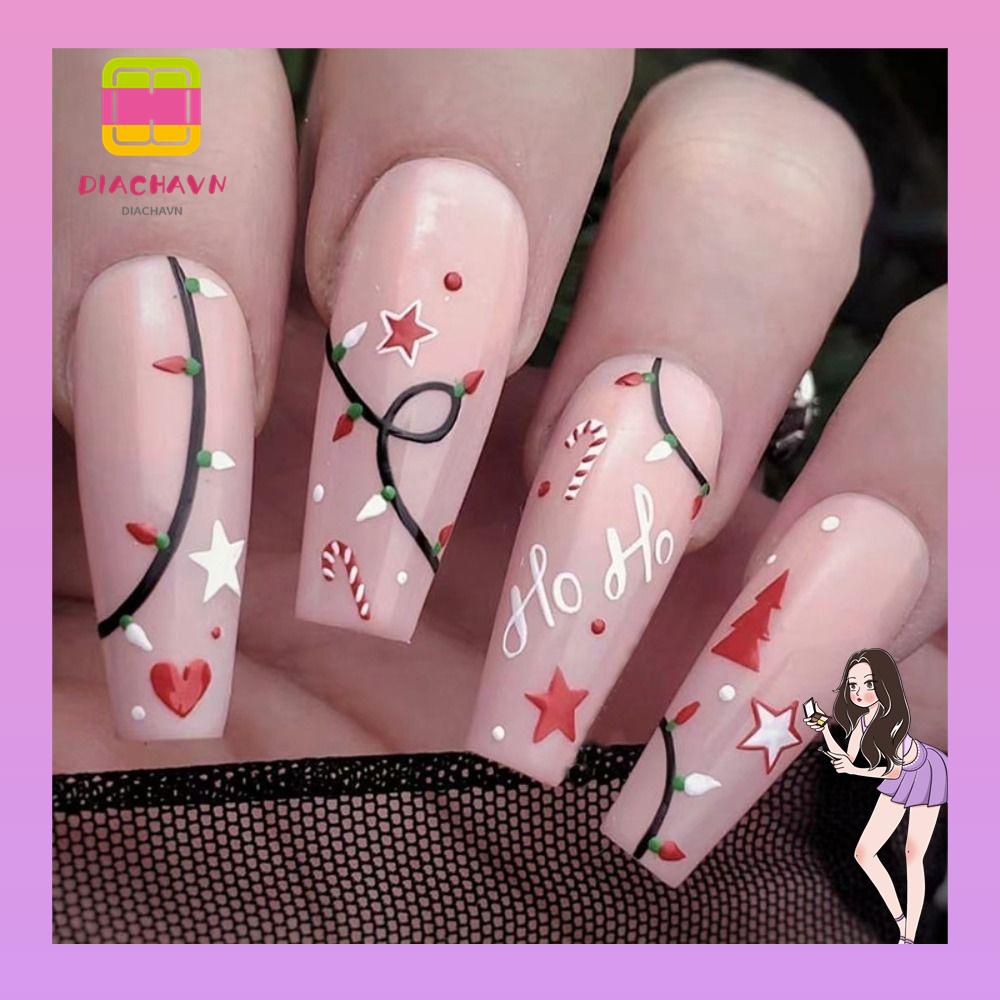 Bộ 24 Móng Tay Giả Che Phủ Toàn Diện Dáng Ngắn Màu Đỏ Đính Đá Almond Ballerina Santa