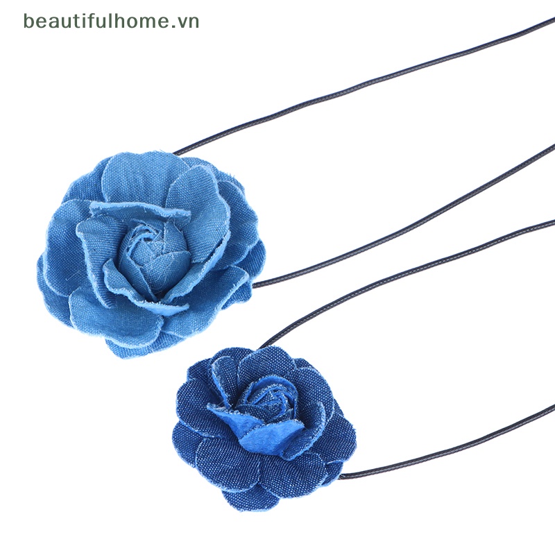[beautifulhome] Vòng Cổ Choker Vải Jean Thắt Nút Hình Hoa Hồng Lớn Thanh Lịch Có Thể Điều Chỉnh Làm Quà Tặng Trang Sức [beauty