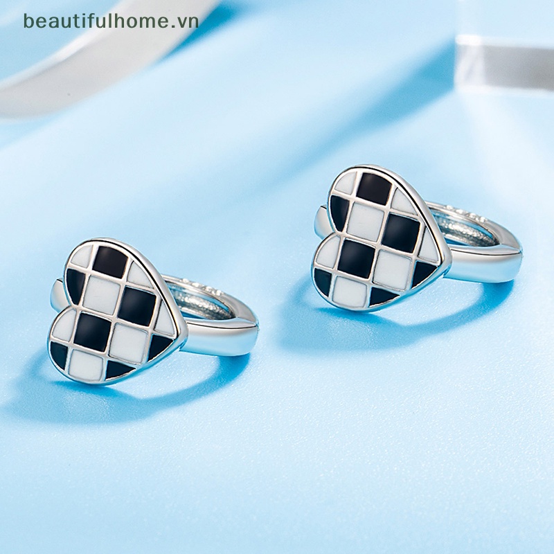 1 Đôi Bông Tai Bạc Hình Trái Tim Họa Tiết Sọc Caro Trắng Đen Sáng Tạo Thời Trang Cho Nữ