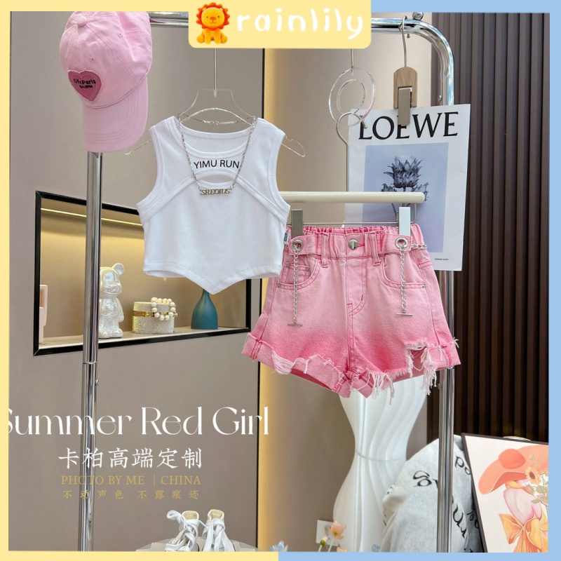 Set Áo Thun + Quần Short Denim Thời Trang Mùa Hè 2023 Phong Cách Mới Cho Bé Gái