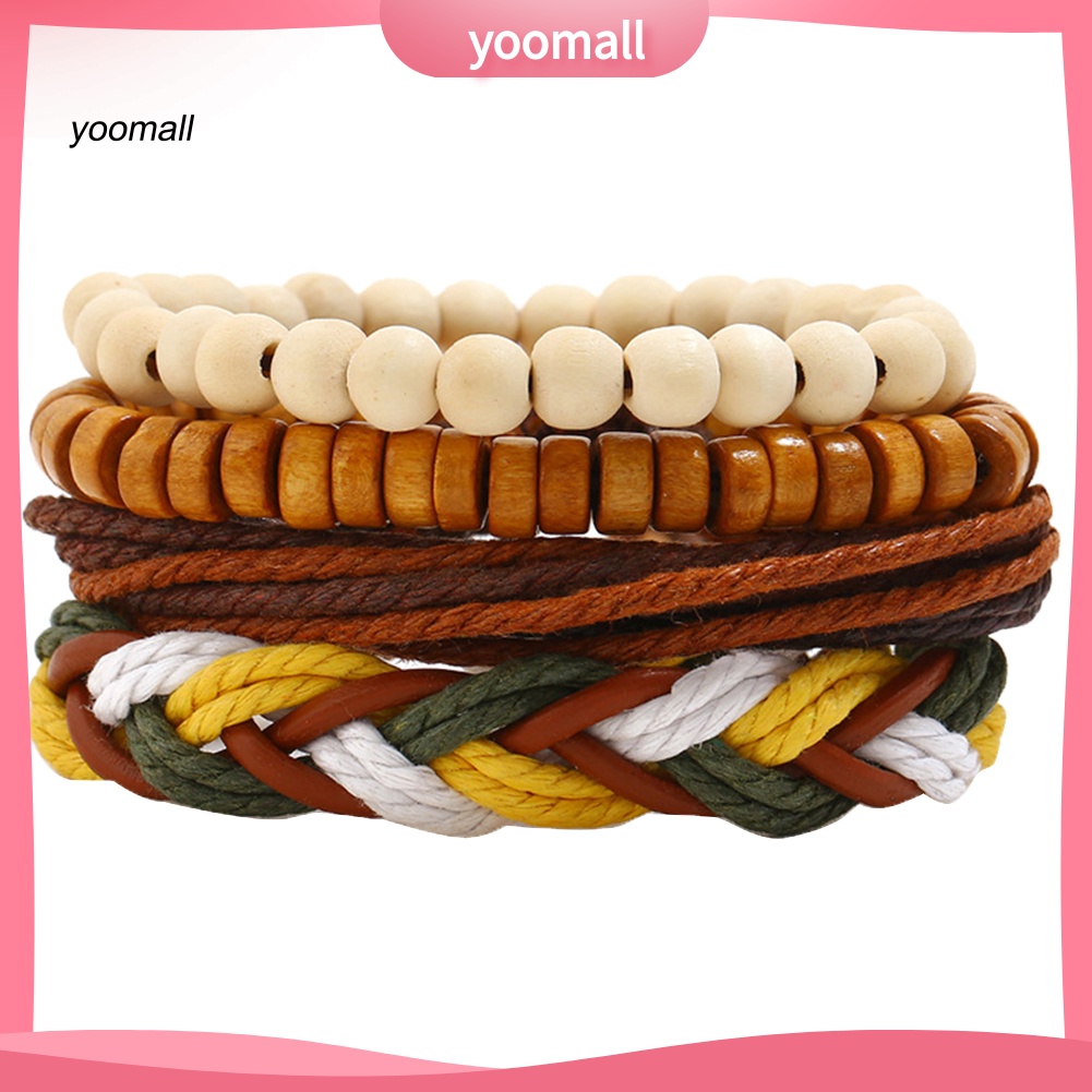 Set 4 Vòng Tay Da Bện Đính Hạt Gỗ Phong Cách Vintage Cho Nữ