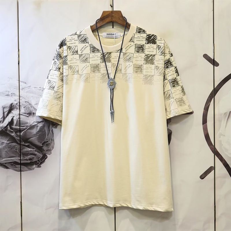 Áo thun HANLU cotton trơn dáng rộng tay lửng họa tiết caro phong cách Nhật Bản chất lượng cao cho nam