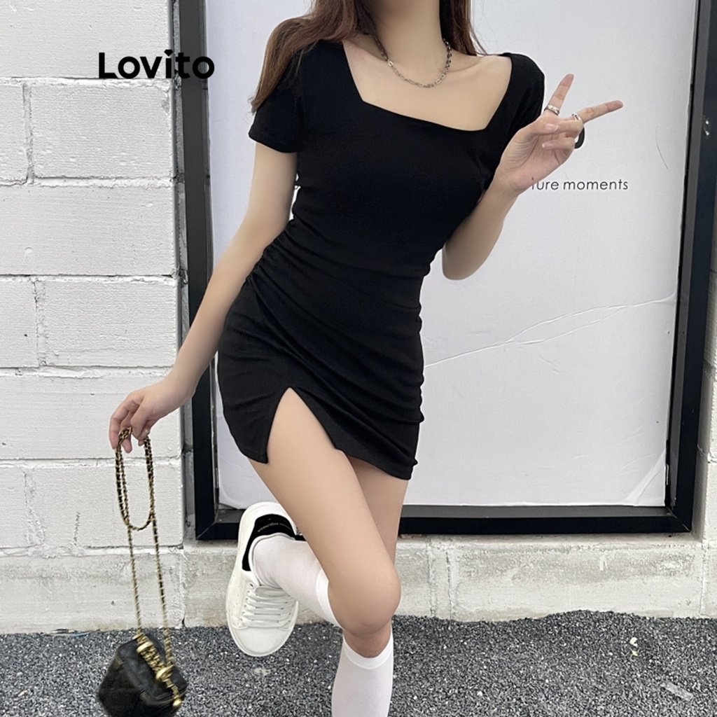 Đầm bodycon mini Lovito ngắn tay xẻ tà màu trơn phong cách thường ngày cho nữ LNE07129 (đen)