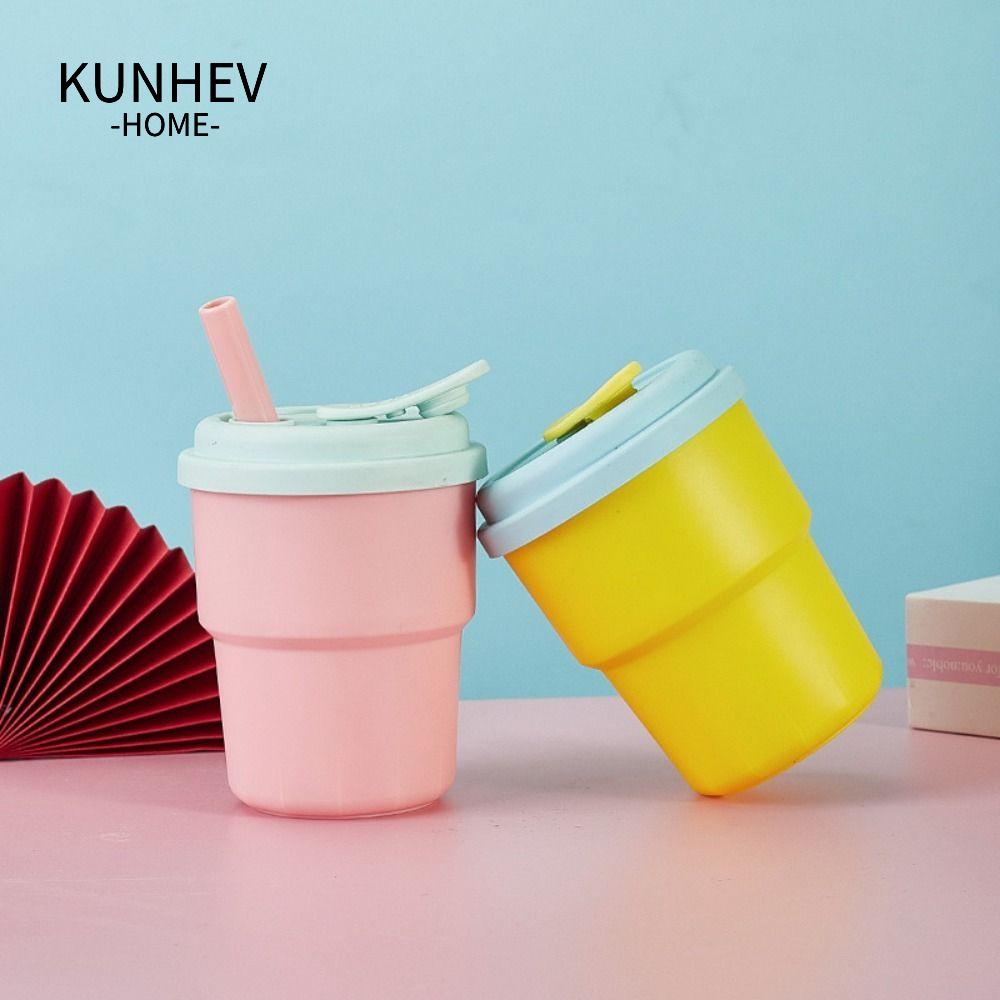 KUNHEV Bình Nước Silicone 380ml Cách Nhiệt Chống Rơi Kèm Ống Hút Tiện Lợi