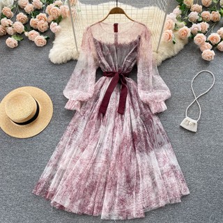 Đầm Cổ Tròn Dáng Ôm In Họa Tiết Phong Cách Pháp Cổ Điển Thời Trang Mùa Thu Cho Nữ