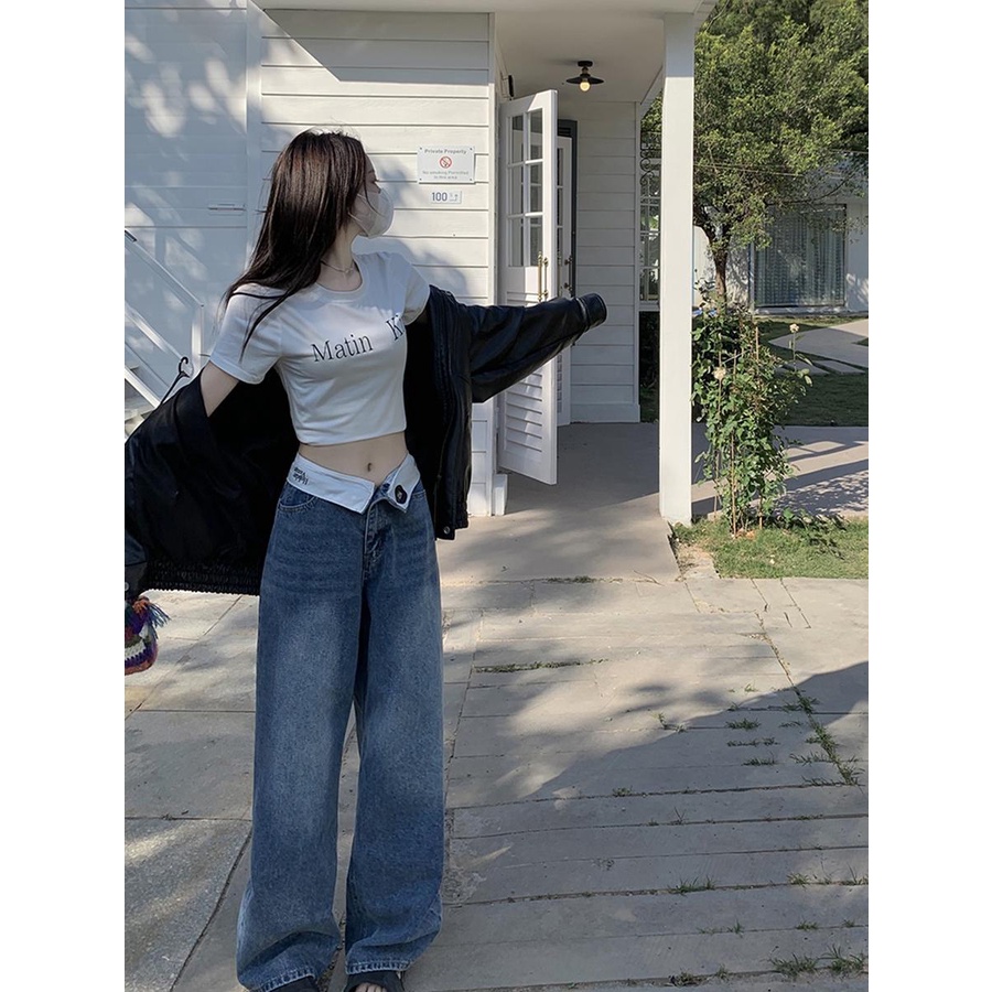 Quần Jean Ống Rộng Lưng Cao Phong Cách Retro Mỹ Thời Trang Cho Nữ