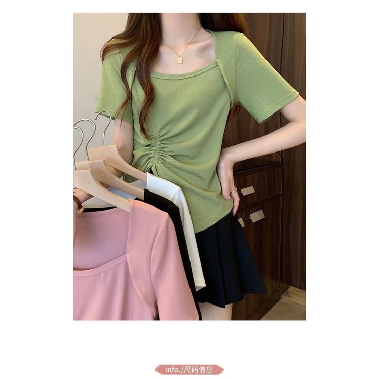 Áo Thun Tay Ngắn Cổ Vuông Thiết Kế Không Đồng Đều Phong Cách Mới Mùa Hè Cho Nữ