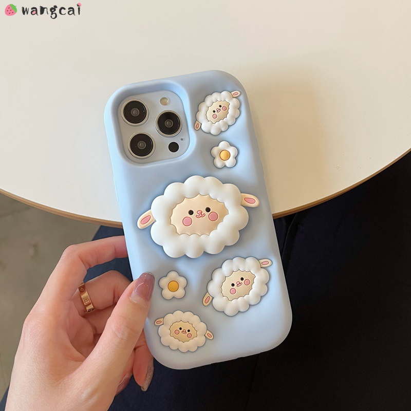 Ốp Điện Thoại Silicone Mềm Tích Hợp Giá Đỡ Hình Cừu 3D Màu Xanh Dương Cho iPhone 14 13 12 Pro Max 11