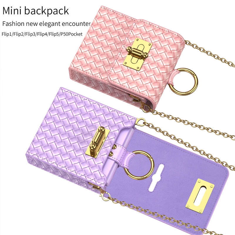 For Samsung Galaxy Z Flip 5 weave Leather mini Messenger Bag With Chain Hard case With Ring Shockproof Case fashion Bag