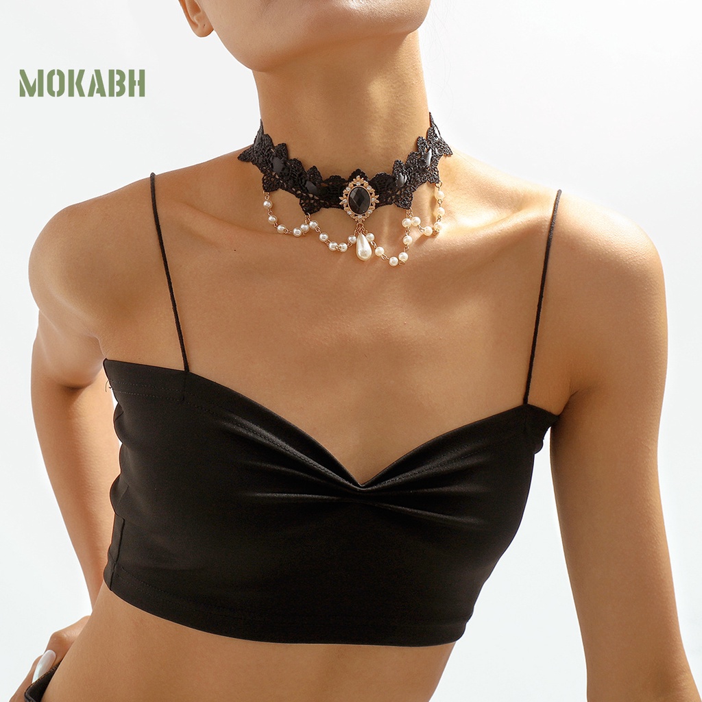 [Mok Abh] Vòng Cổ Choker Ren Hoa Đính Đá Giả Phong Cách Gothic Cổ Điển Cho Nữ