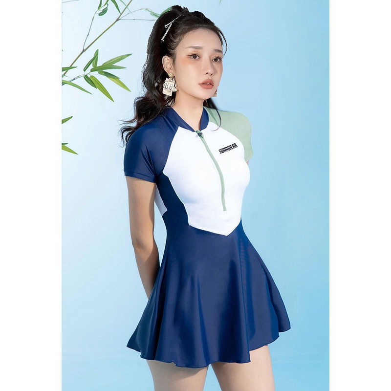 Đồ bơi nữ kín đáo tay ngắn CÓ MÚT CÓ SIZE-Bikini đi biển 2 mảnh có tay váy xoè- đồ bơi học sinh nữ AA7547