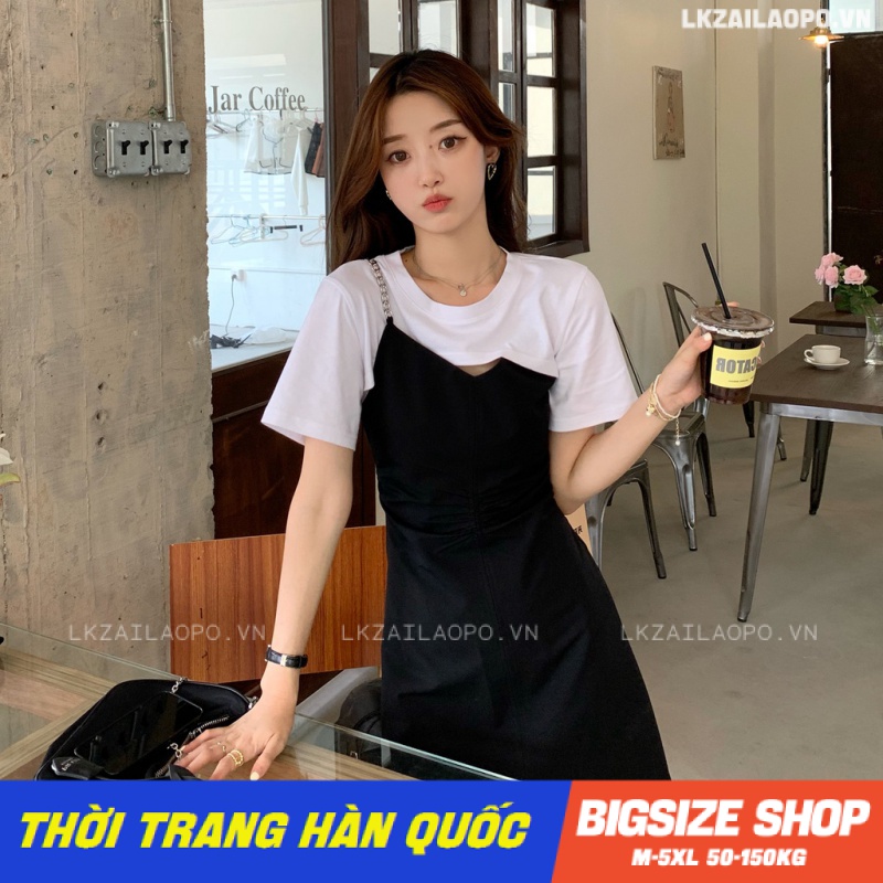 Đầm Giả Hai Bigsize Váy nữ tay ngắn cổ tròn mùa hè Phong cách Hàn Quốc Thời Trang tiểu thư sang chảnh cá tính xinh đẹp quảng châu cao cấp