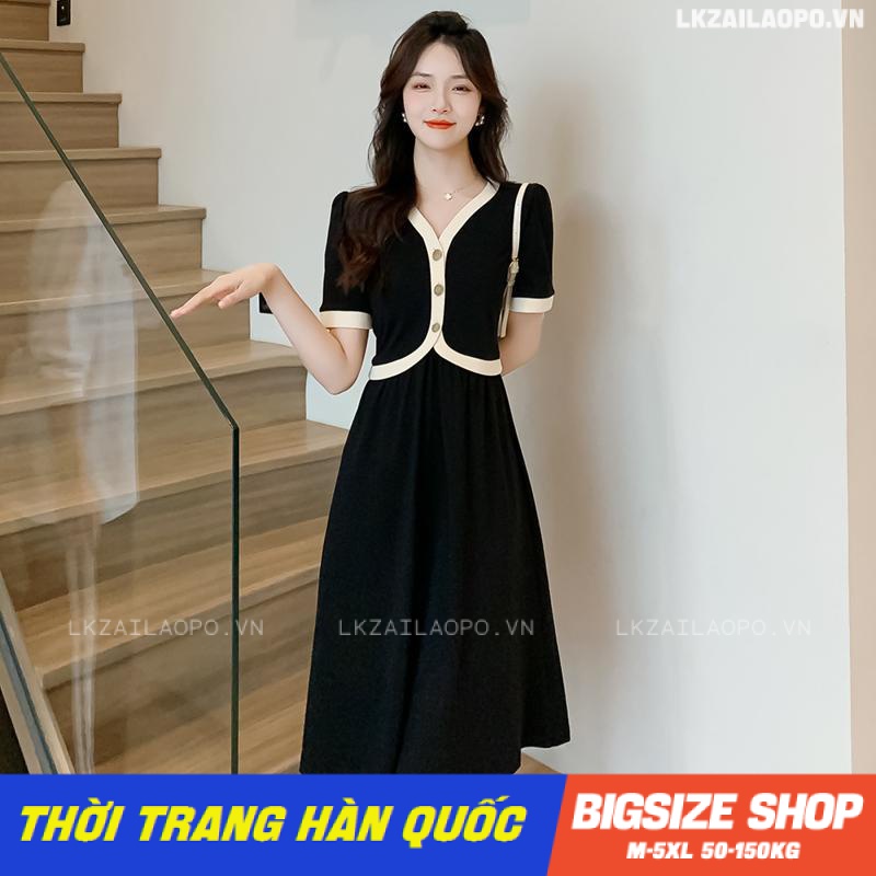 Váy đầm nữ Bigsize Đầm dự tiệc sang trọng dáng dài tay ngắn cổ chữ v đen mùa hè Phong Cách hàn quốc đẹp Thanh Lịch cho nữ