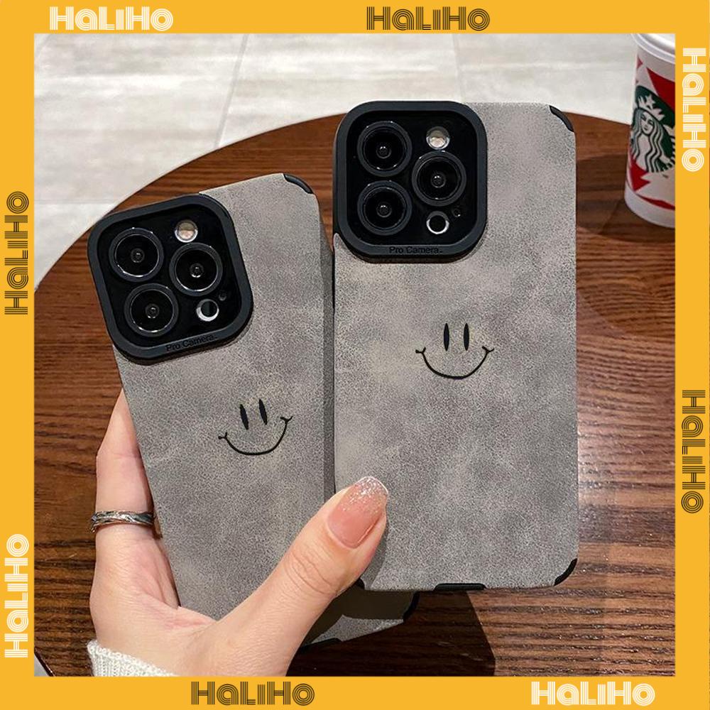 Ốp Lưng iPhone 11 Vỏ Da Veneer Màu Xám Vỏ Lông Học Trò Mềm Vỏ Điện Thoại Chống Sốc Biểu Tượng Cảm Xúc Nhỏ Mặt Cười Đơn Giản Tương thích với iPhone 14 Pro max 13 Pro max 12 Pro Max XR XS 7Plus 8Plus