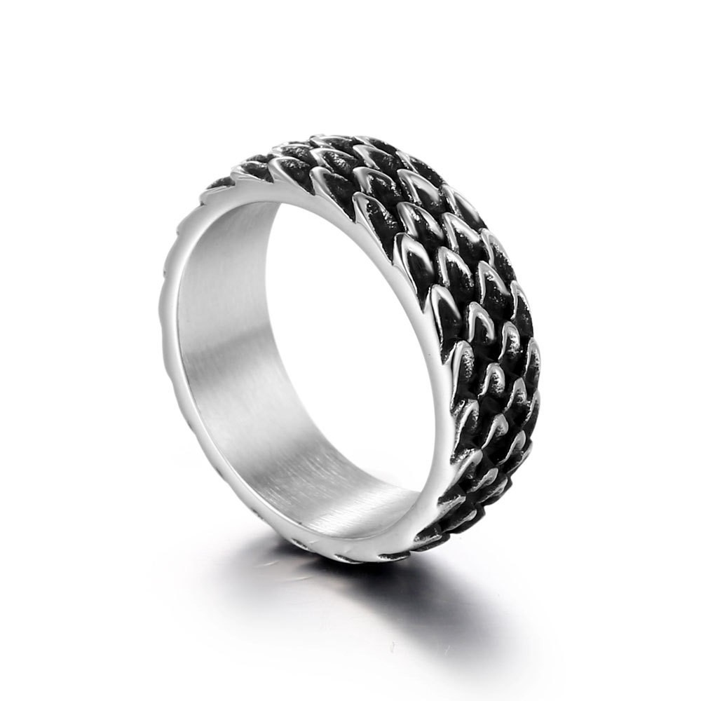 Nhẫn Thép Titan Họa Tiết Vảy Rồng Màu Đen Bạc Phong Cách Gothic Cổ Điển Thời Trang Cho Nam