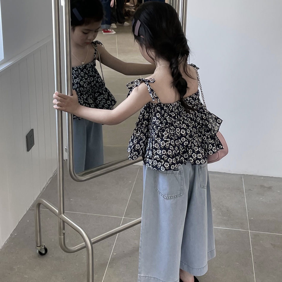 Aiyaya đồ bé gái Áo dây hoa + Bộ quần jean bé gái thời trang trẻ em