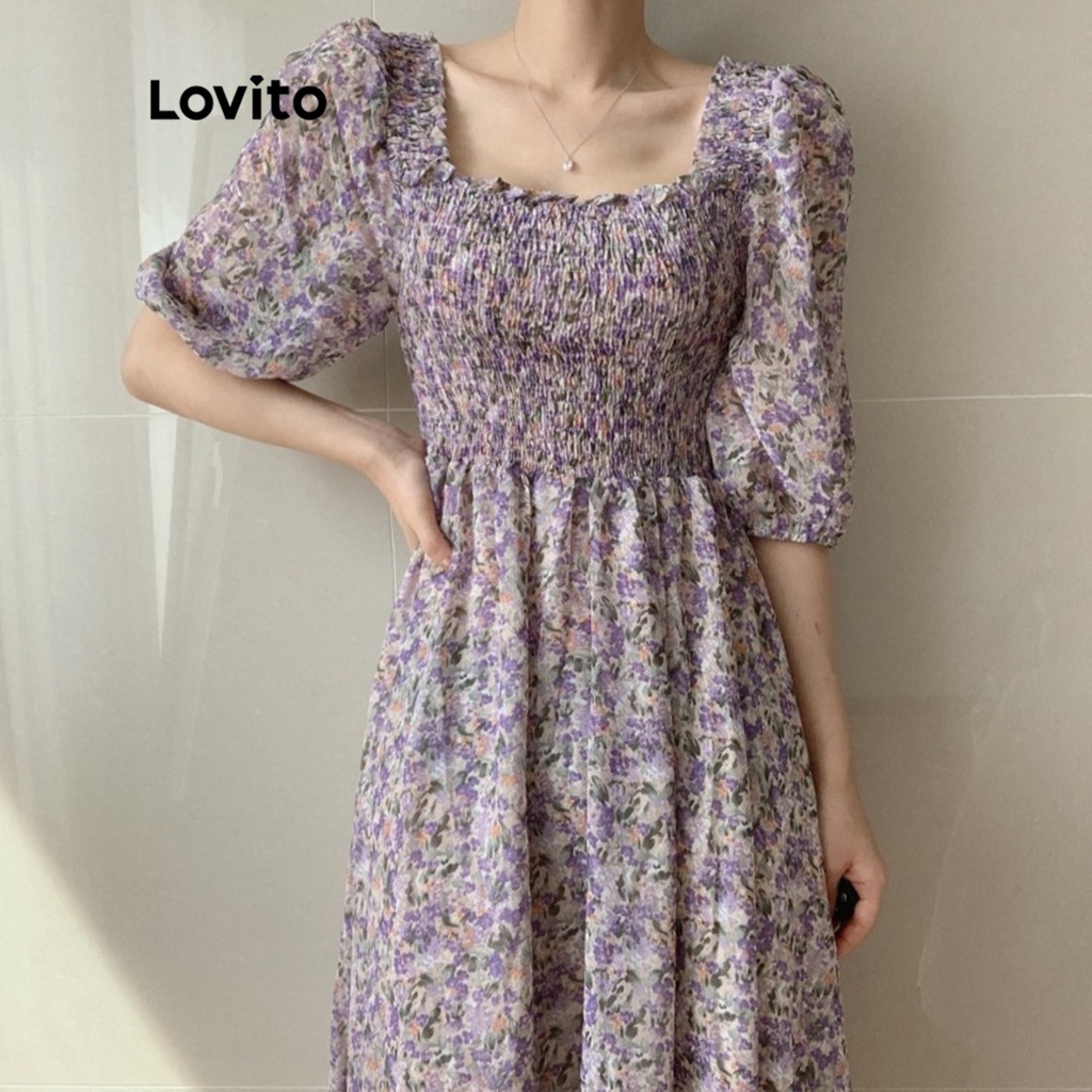 Lovito Váy midi chữ A có tay 3/4 thêu hoa phong cách Boho cho nữ LNE09090 (Nhiều Màu)