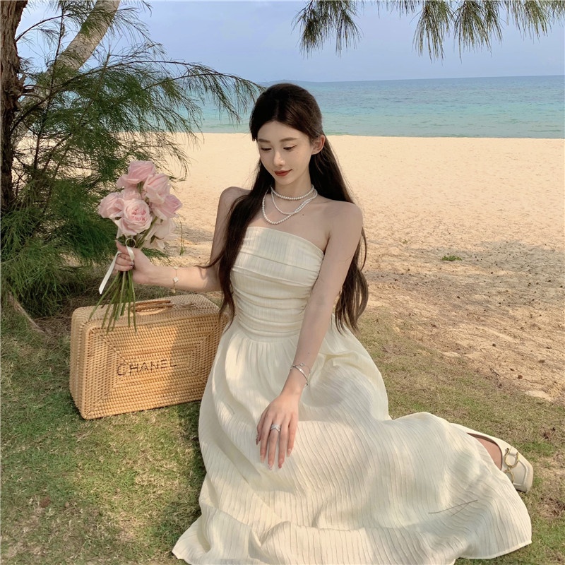 Đầm Dài Xếp Ly Eo Cao Màu Trơn Phong Cách Hàn Quốc Cho Nữ