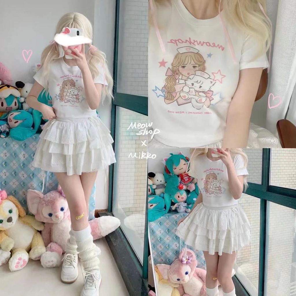 Áo Thun Ngắn Tay Dáng Rộng Họa Tiết Hoạt Hình Thời Trang Mùa Hè Nhật Bản