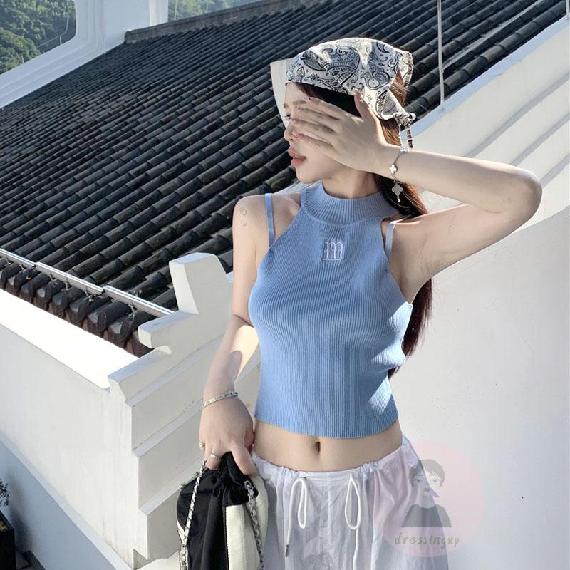 Áo Hai Dây Dệt Kim Ôm Dáng Thêu Chữ Thời Trang Cho Nữ