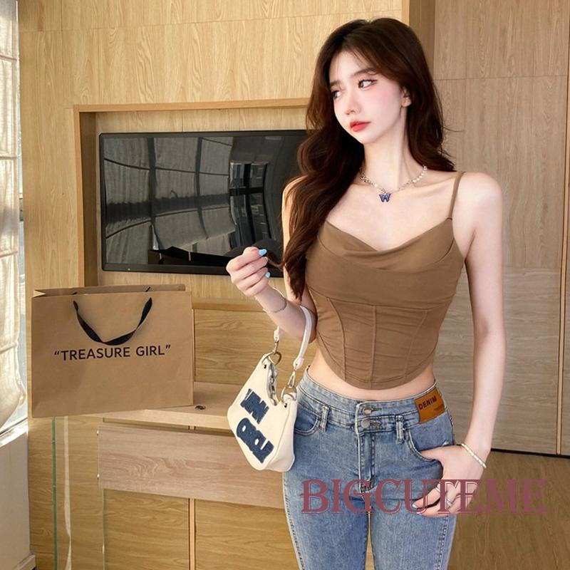 [] - Áo Croptop Không Tay Hở Lưng Có Mút Đệm Cổ Xương Cá Màu Trơn Mùa Hè Đường Phố Cho Nữ