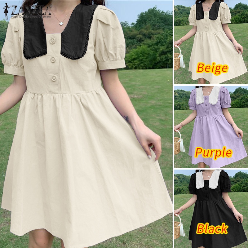 ZANZEA Đầm Mini Tay Ngắn Màu Trơn Dáng Rộng Phong Cách Hàn Quốc Thời Trang Cho Nữ