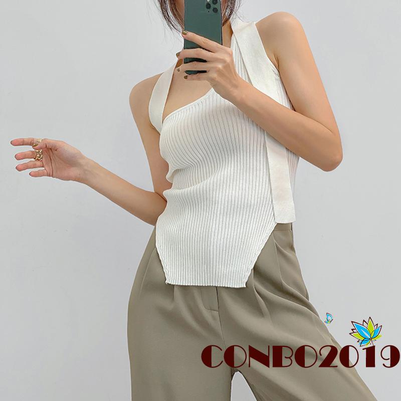 Hgm- Áo Tank Top Hai Dây Dệt Kim Viền Gân Không Đều Màu Trơn Cho Nữ