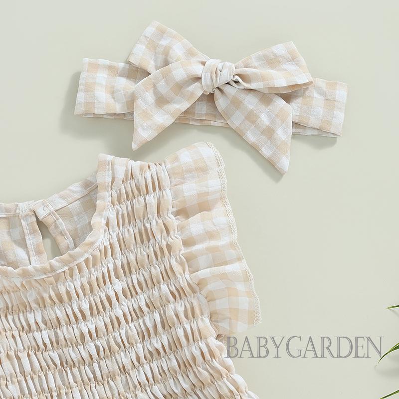 Bộ Áo Liền Quần Tay Ngắn Cổ Thuyền Họa Tiết Sọc Caro + Băng Đô Cài Tóc Thời Trang Mùa Hè Cho Bé Gái 0-18 Tháng Tuổi