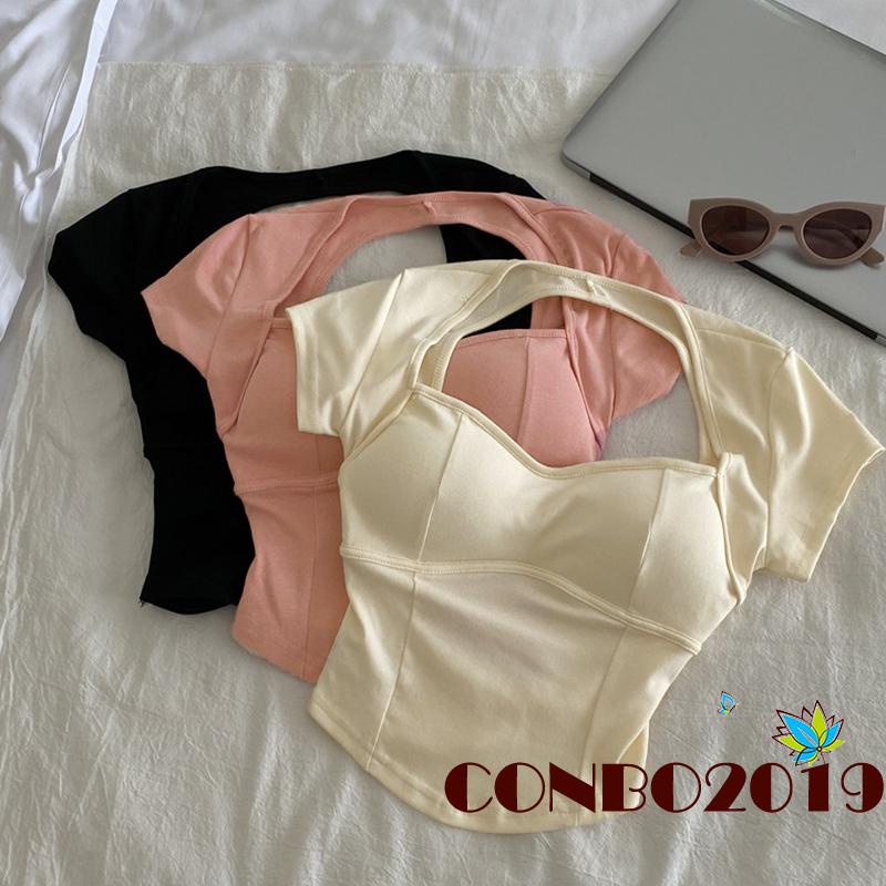 Áo Thun Lửng Tay Ngắn Hở Lưng Màu Trơn Thời Trang Mùa Hè Cho Nữ