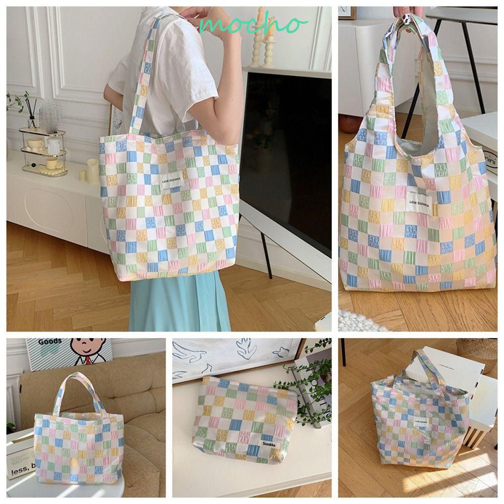 Túi Tote Đeo Vai Vải Canvas Cỡ Lớn Họa Tiết Sọc Caro Thời Trang Công Sở Cho Nữ