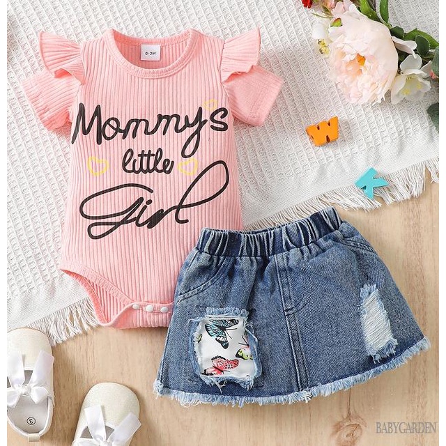 Set Áo Liền Quần + Chân váy jean In Chữ Dễ Thương Cho Bé Gái 0-18 Tuổi