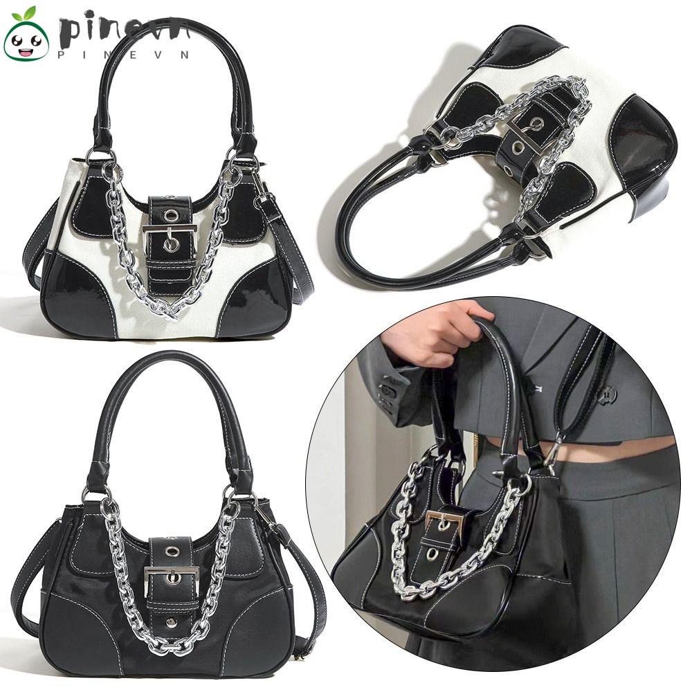 PINEVN Túi Da Kẹp Nách Phối Dây Xích Kim Loại Thiết Kế Ngọt Ngào Cho Nữ