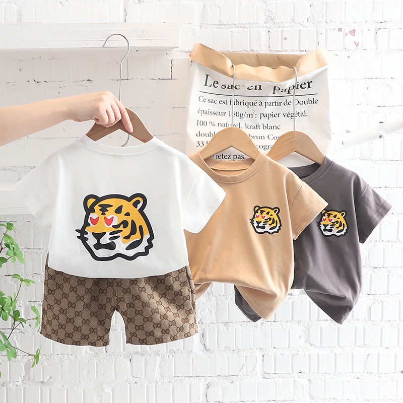 Set Đồ Mùa Hè 2 Món Gồm Áo Thun In Họa Tiết Hổ + Quần Caro Cho Bé Trai